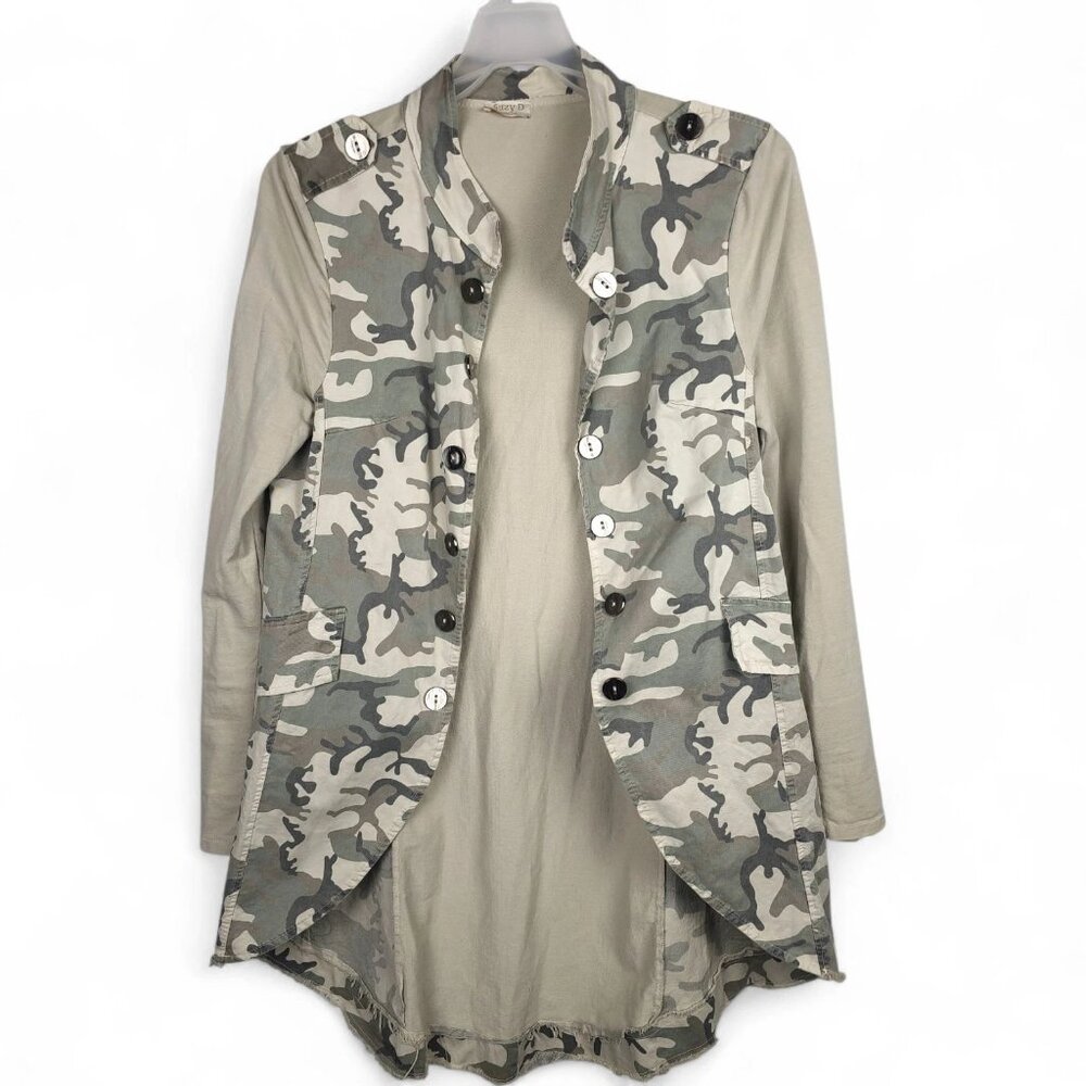 Suzy D London L Jacket Camo Military Army Blazer Lagenlook High Low Raw Hem